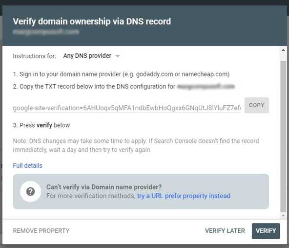 How to setup google search console? DNS verfication
