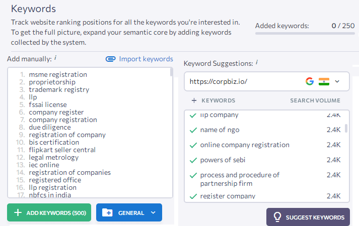 SE Ranking Review: 100% Accurate Keyword Rank Tracker entering keywords in se ranking dashboard